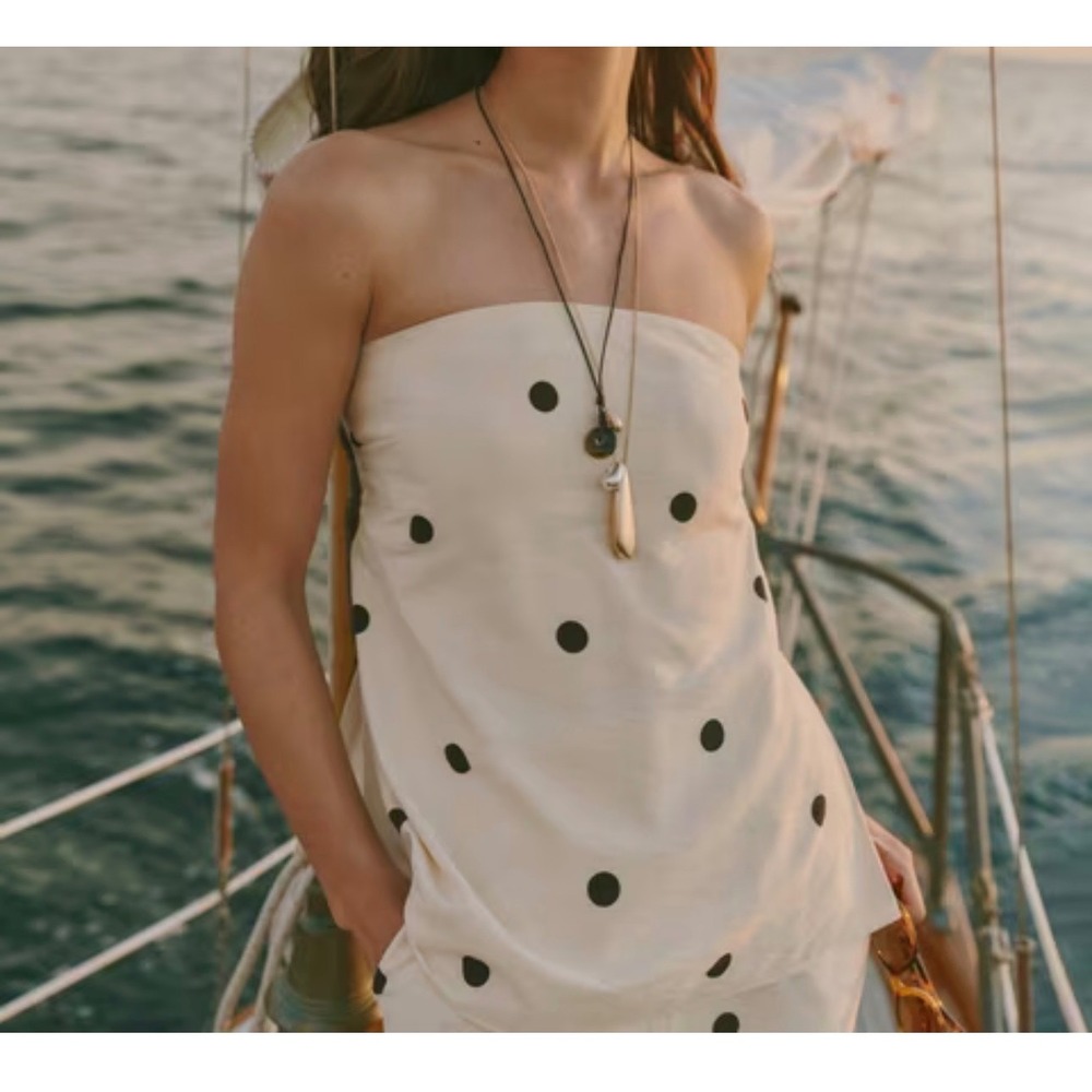 Abercrombie & Fitch Polka Dot Strapless Tie Back Tube Top Cream Black Small